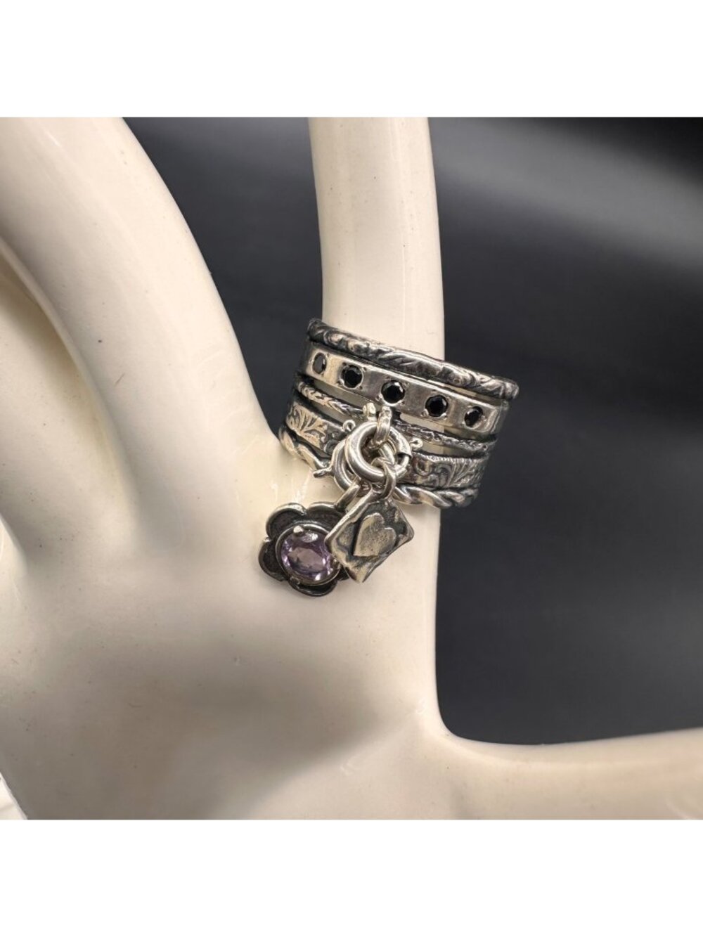 Vintage Sterling Silver Ring Dangle Charms Heart Purple Flower Israel Size 9
